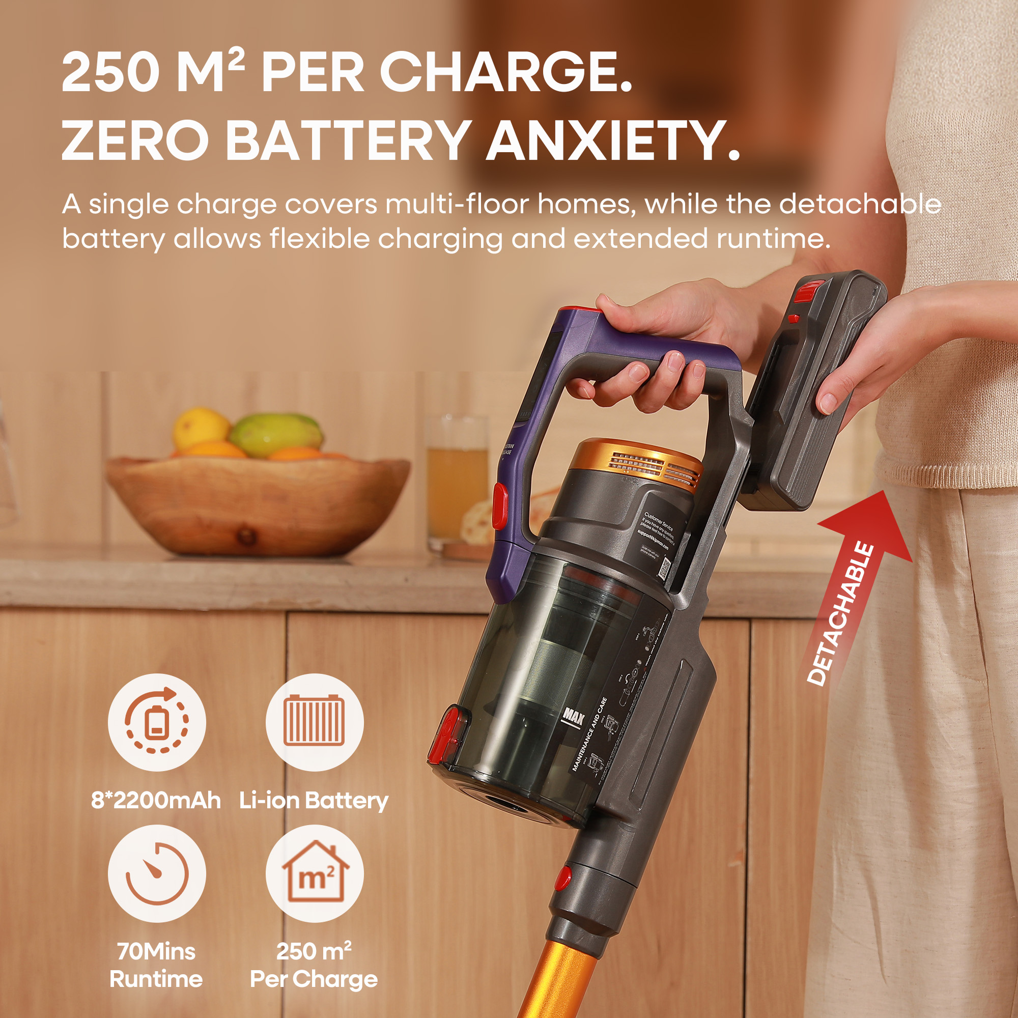 Erabros EV7 Cordless Vacuum Cleaner,70KPa Suction,550W Motor,70Min Runtime,Charging Storage Base