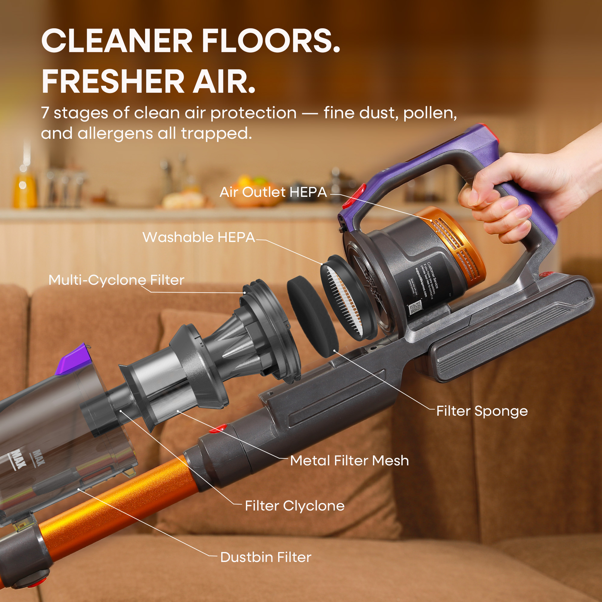 Erabros EV7 Cordless Vacuum Cleaner,70KPa Suction,550W Motor,70Min Runtime,Charging Storage Base