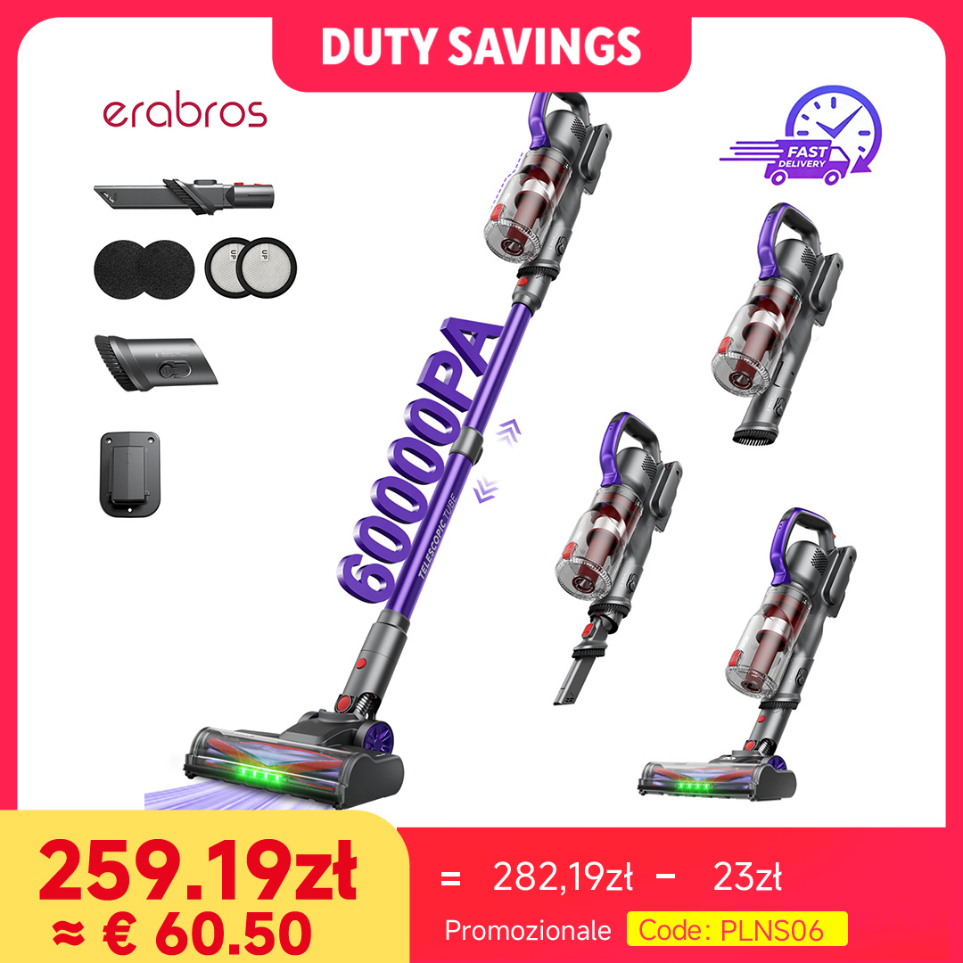 Erabros EV3 Cordless Vacuum Cleaner 450w 60Kpa Suction Power 60mins Cordless Vacuum