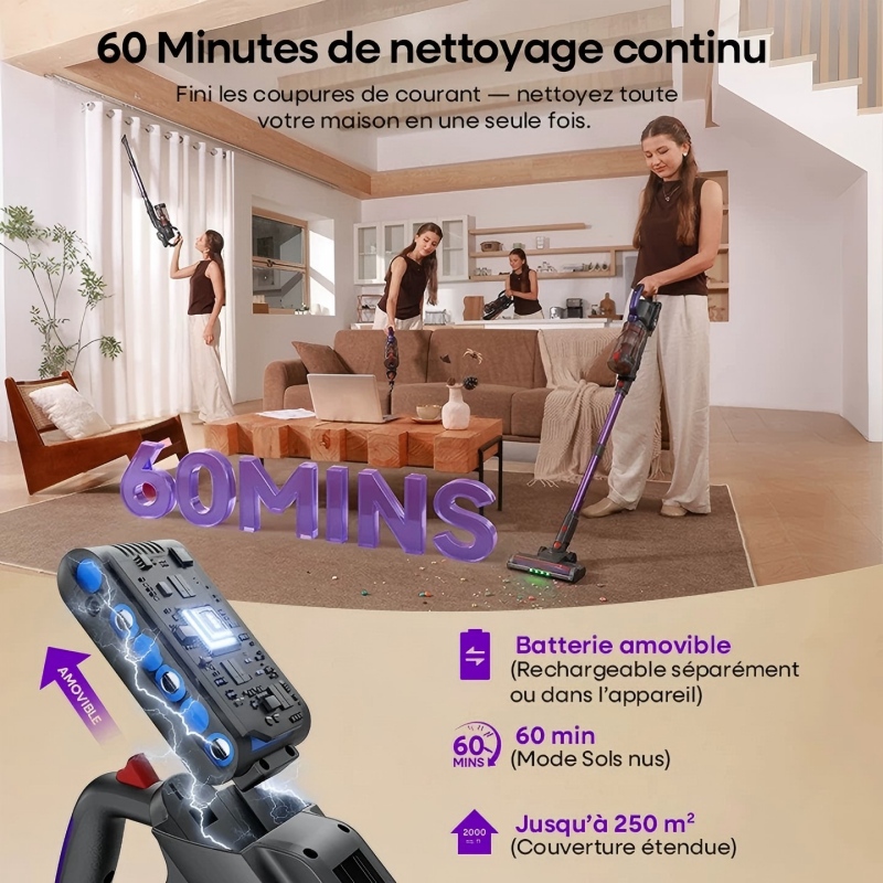 Erabros EV3 Cordless Vacuum Cleaner 450w 60Kpa Suction Power 60mins Cordless Vacuum