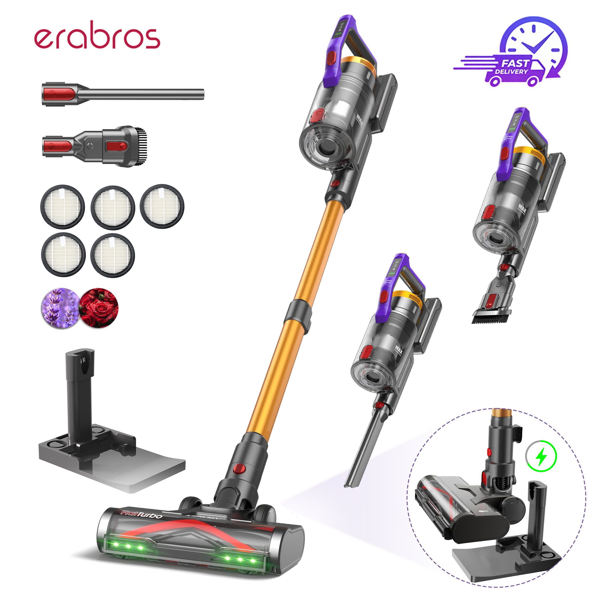 Erabros EV7 Cordless Vacuum Cleaner,70KPa Suction,550W Motor,70Min Runtime,Charging Storage Base