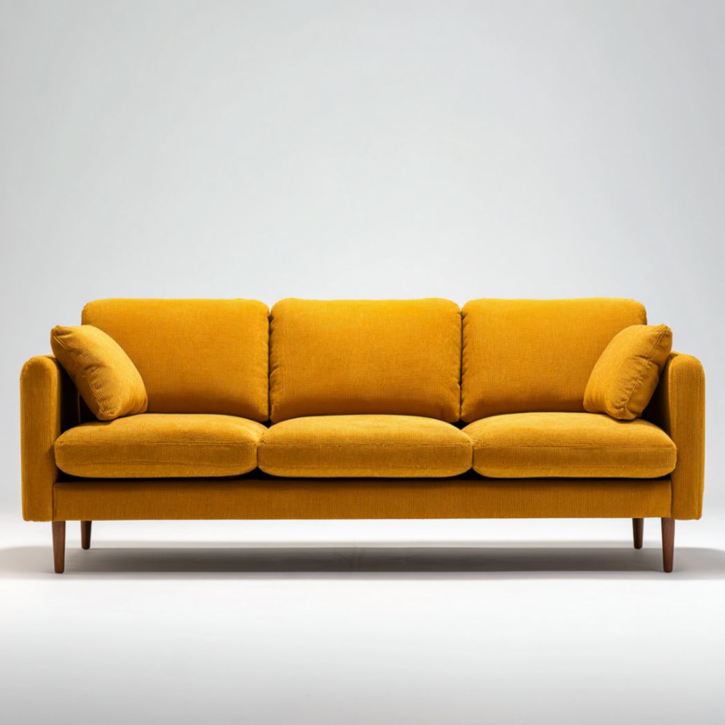 Canapé 3 places en tissu polyester jaune, pieds en chêne-Luonto Furniture