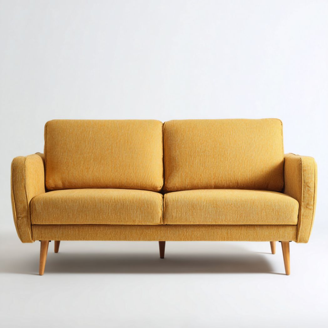 Canapé 2 places en tissu jaune moutarde, pieds bois-Luonto Furniture