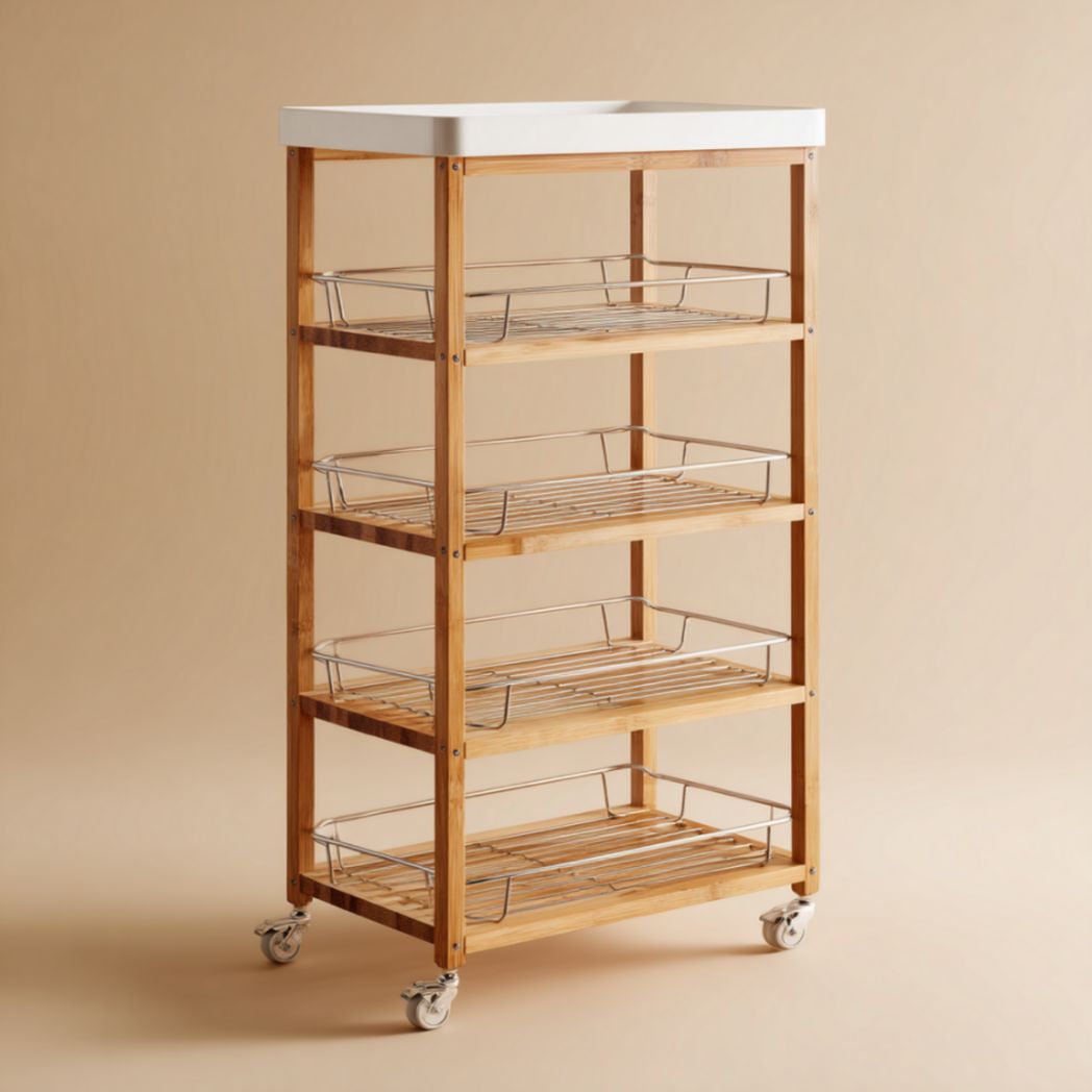 Chariot de rangement à 4 niveaux sur roulettes en bois de bambou avec paniers en acier-Luonto Furniture