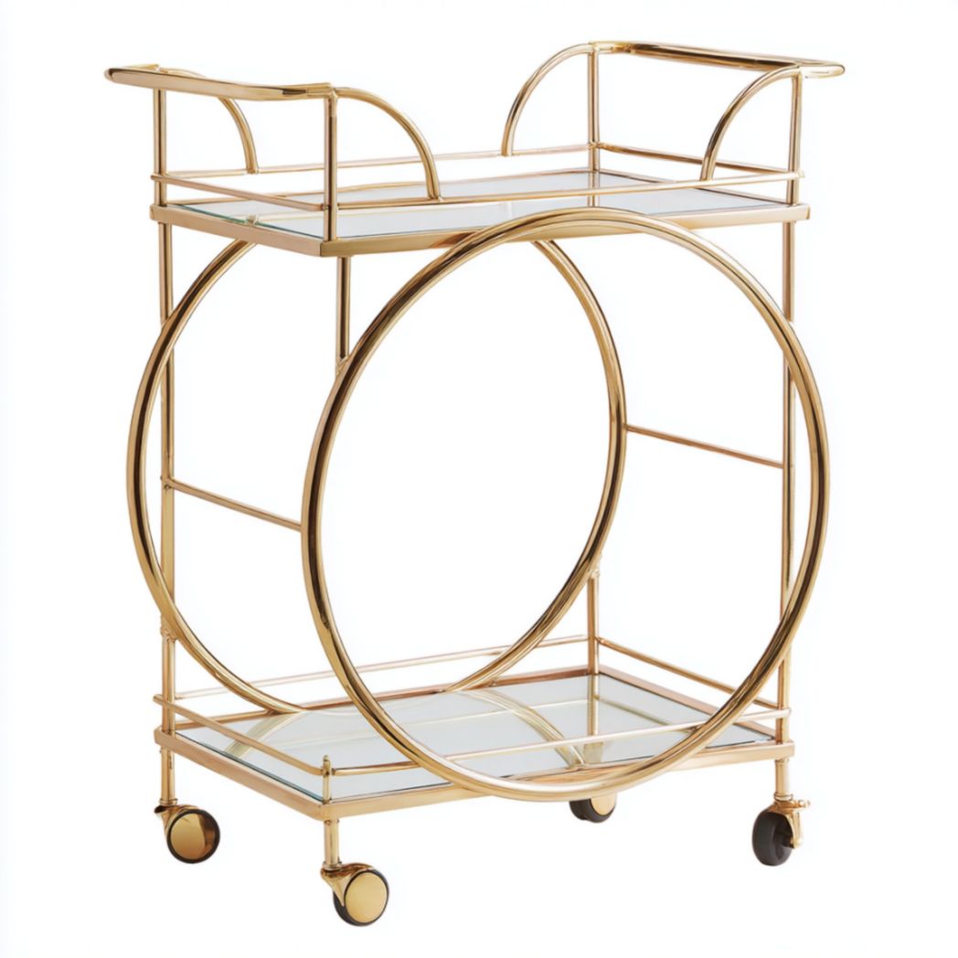 Chariot de service à 2 niveaux sur roulettes en acier finition dorée avec plateaux en verre trempé-Luonto Furniture