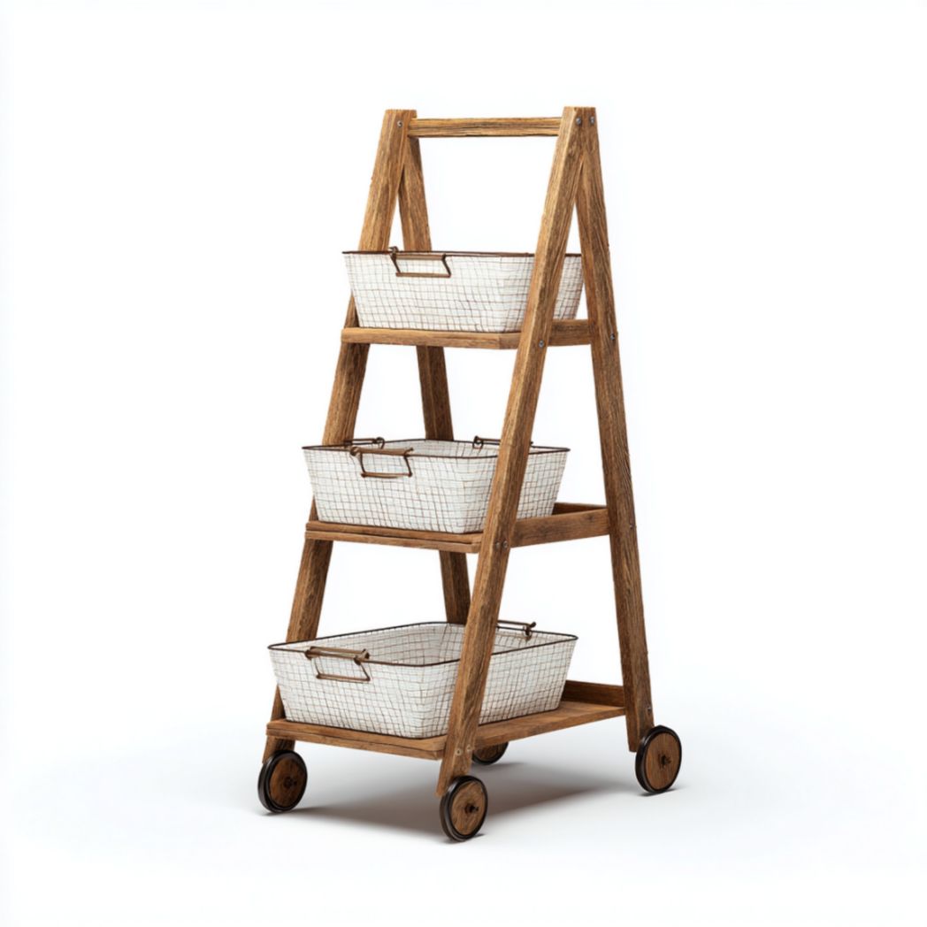 Chariot de rangement sur roulettes en bois de pin avec 3 paniers en acier-Luonto Furniture