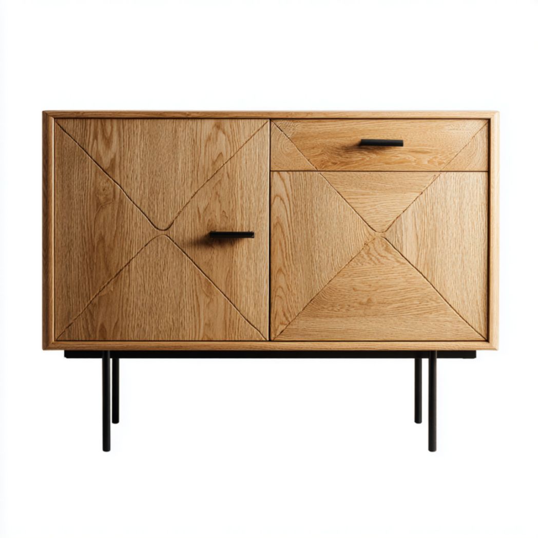 Buffet bas TV en chêne avec portes géométriques et piétement en métal noir-Luonto Furniture