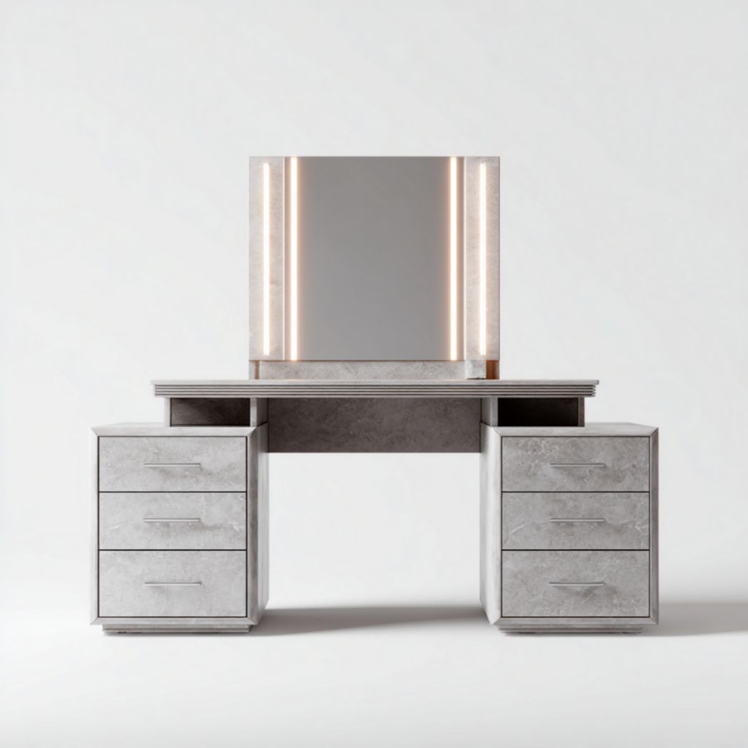 Coiffeuse avec miroir rond et tiroirs, finition blanc et bois-Tov Furniture