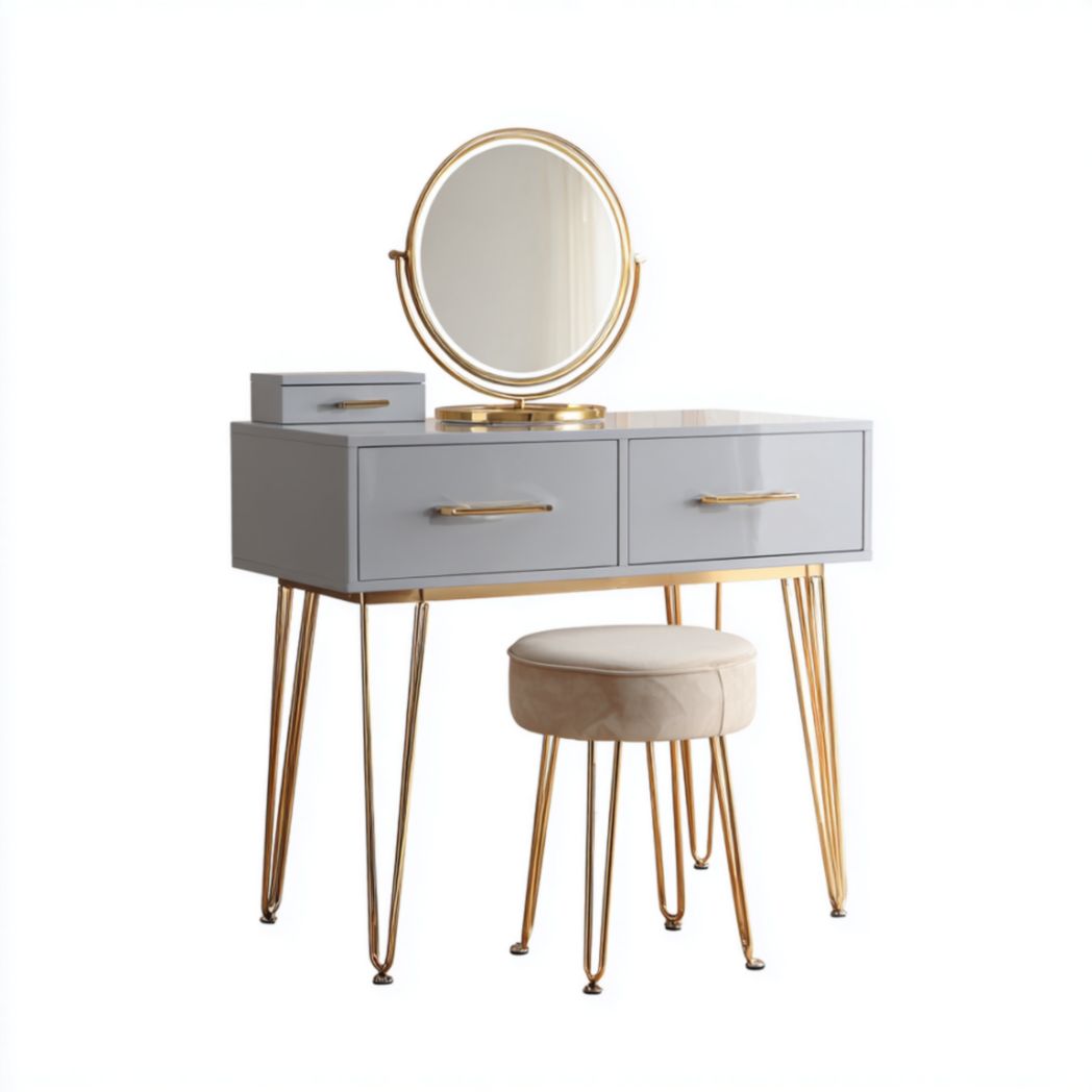 Coiffeuse avec miroir rond et tiroirs, finition grise et pieds dorés-Tov Furniture