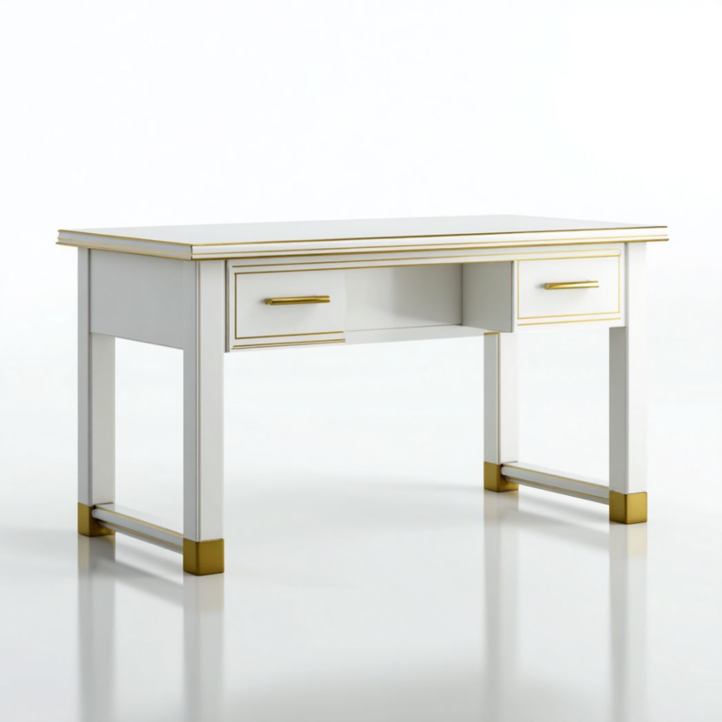 Bureau avec deux tiroirs finition blanche et pieds décoratifs dorés-Tov Furniture