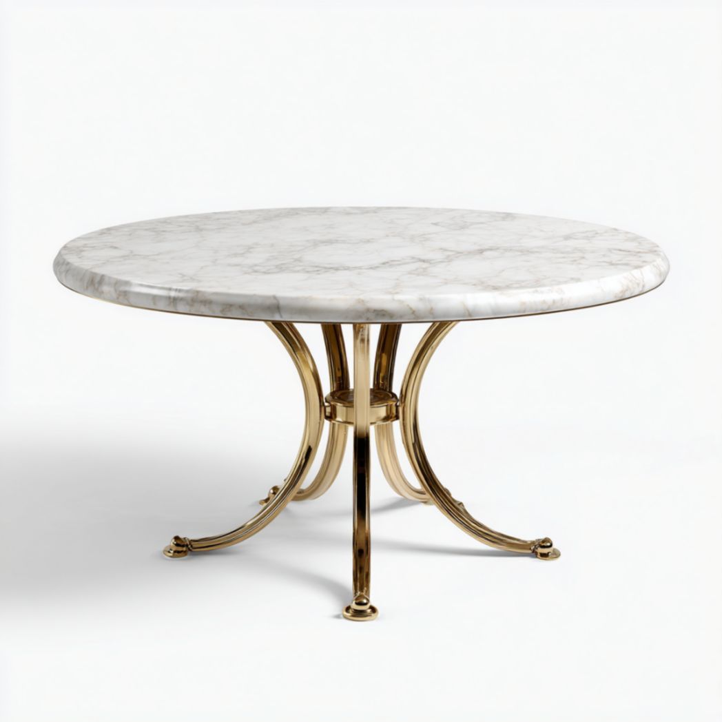 Table à manger ronde avec plateau en pierre marbrée et piètement en acier finition dorée-Tov Furniture