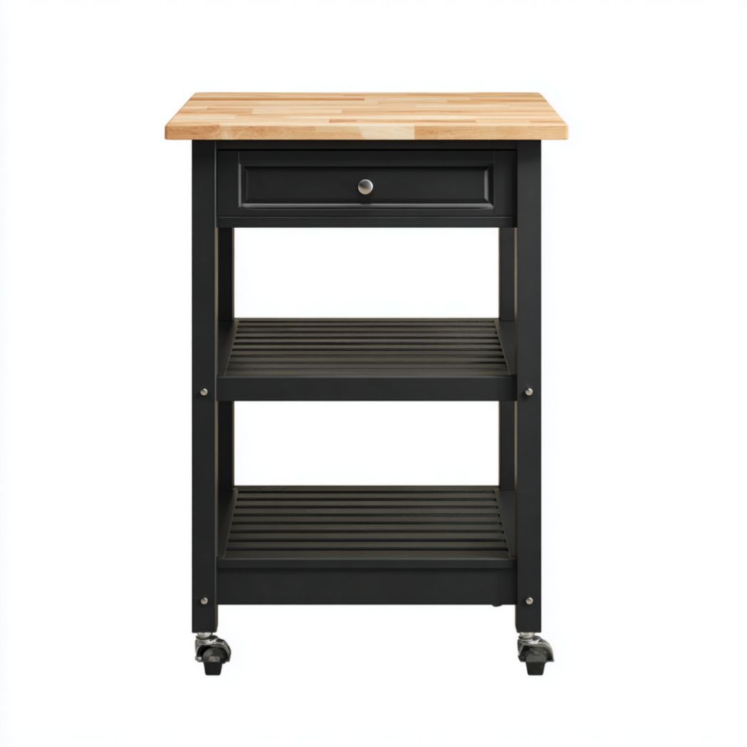 Chariot de rangement sur roulettes avec plateau en bois massif, 1 tiroir et 2 étagères ajourées-Tov Furniture