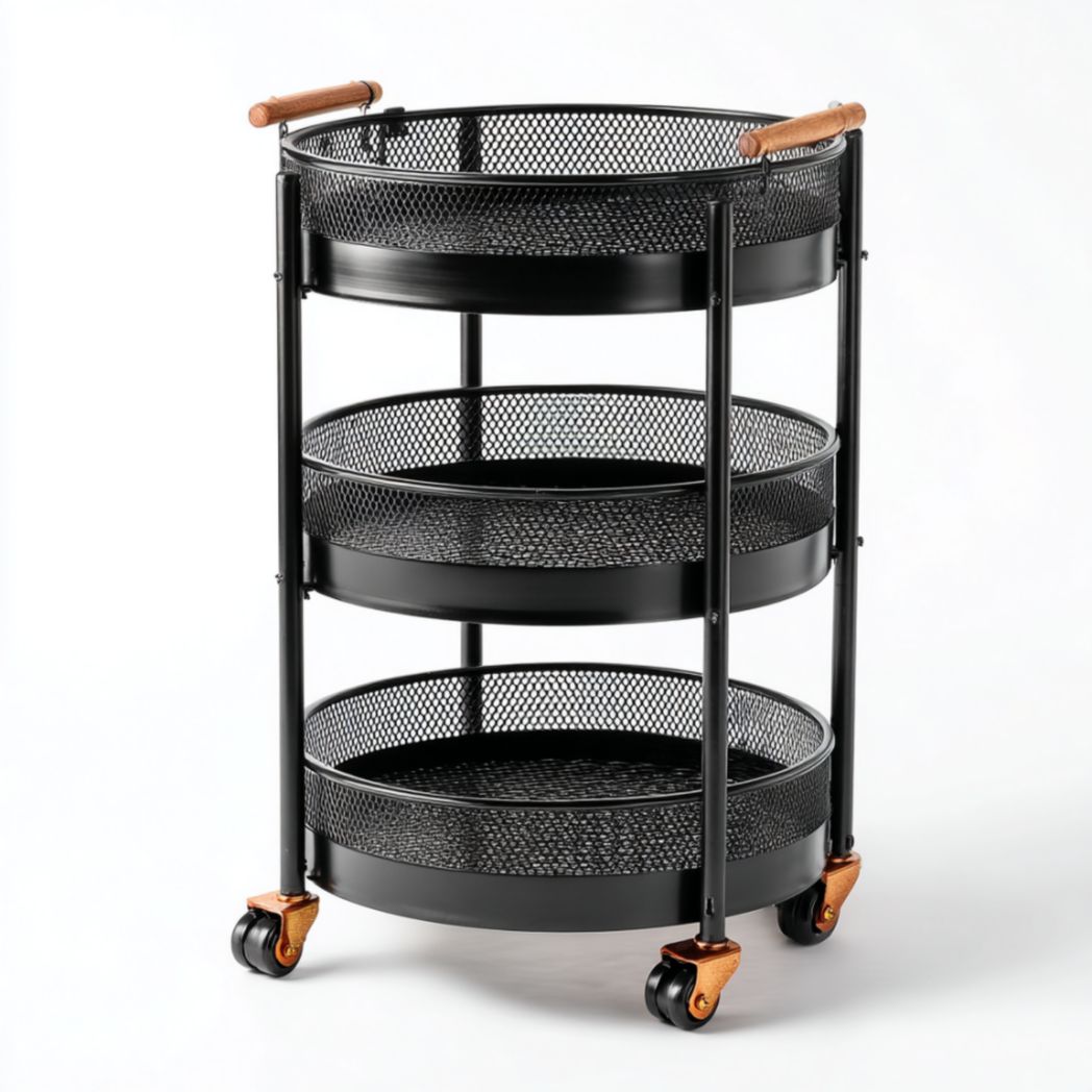 Chariot de rangement à 3 niveaux sur roulettes en acier avec paniers grillagés et poignées en bois de hêtre-Tov Furniture