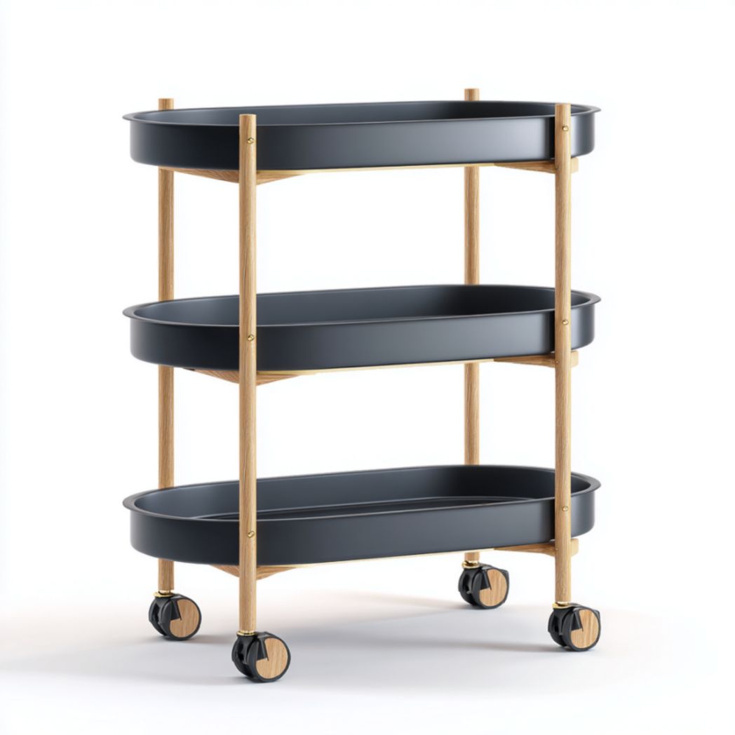 Chariot de rangement à 3 niveaux sur roulettes en acier avec structure en bois de hêtre-Tov Furniture