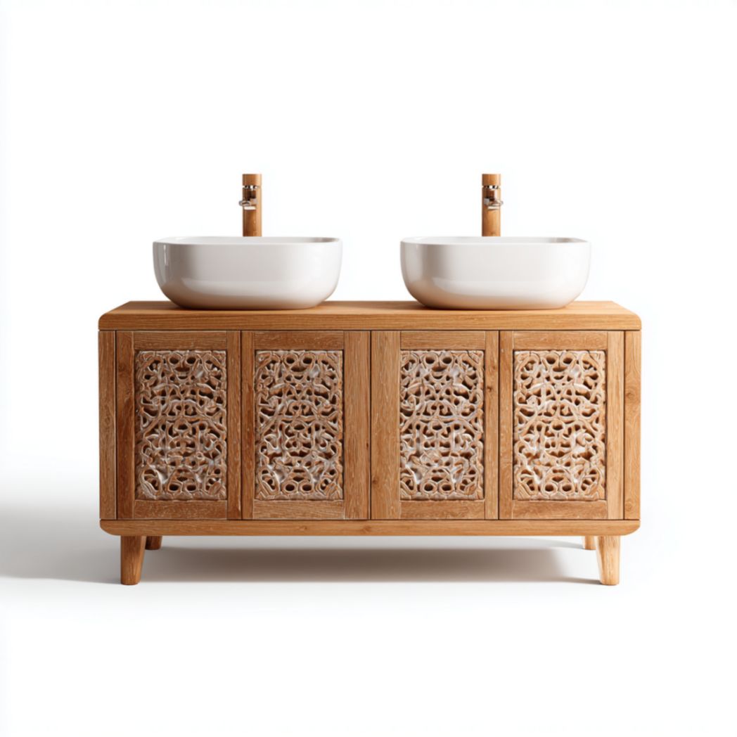 Meuble de salle de bain double vasque en bois massif avec vasques à poser en céramique-Tov Furniture