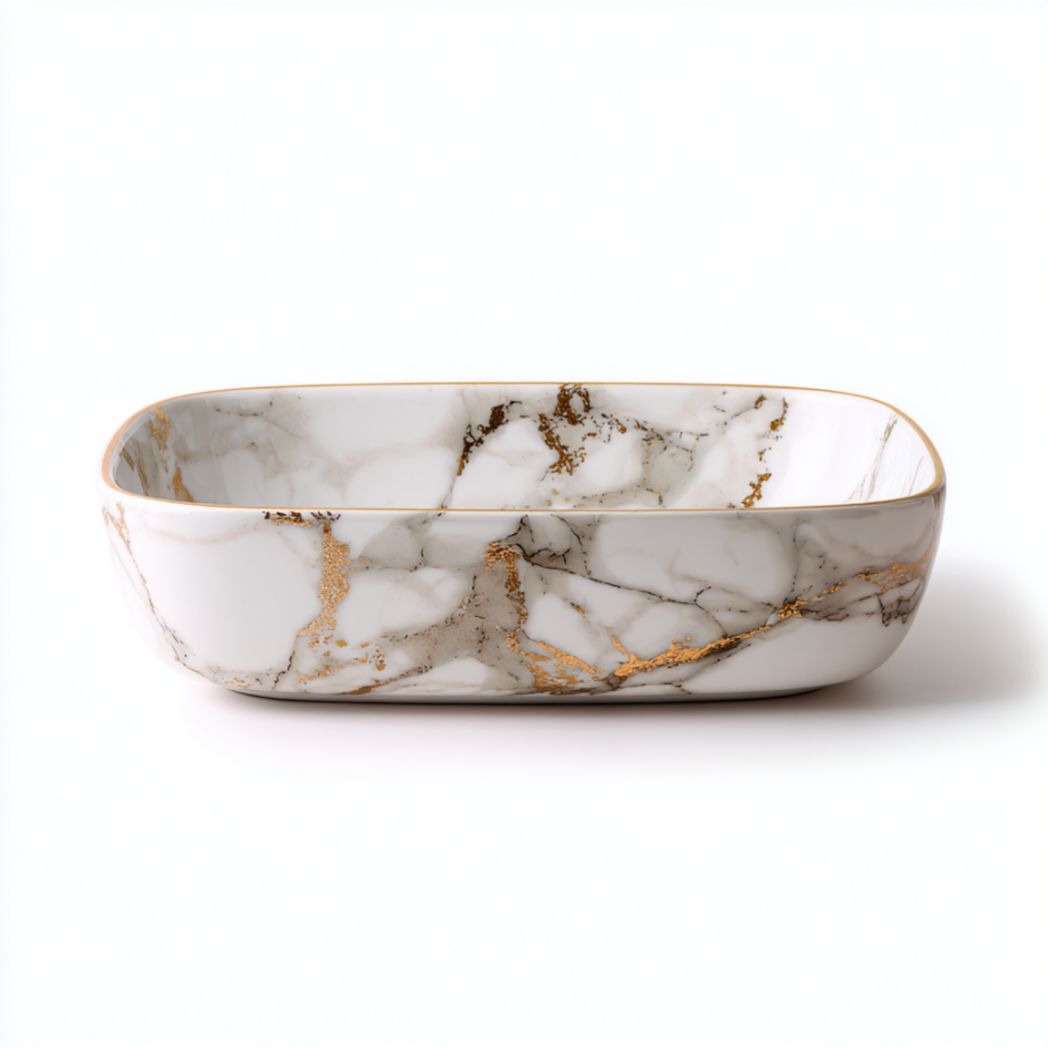 Vasque à poser ovale en céramique émaillée motif marbré blanc et doré-Tov Furniture