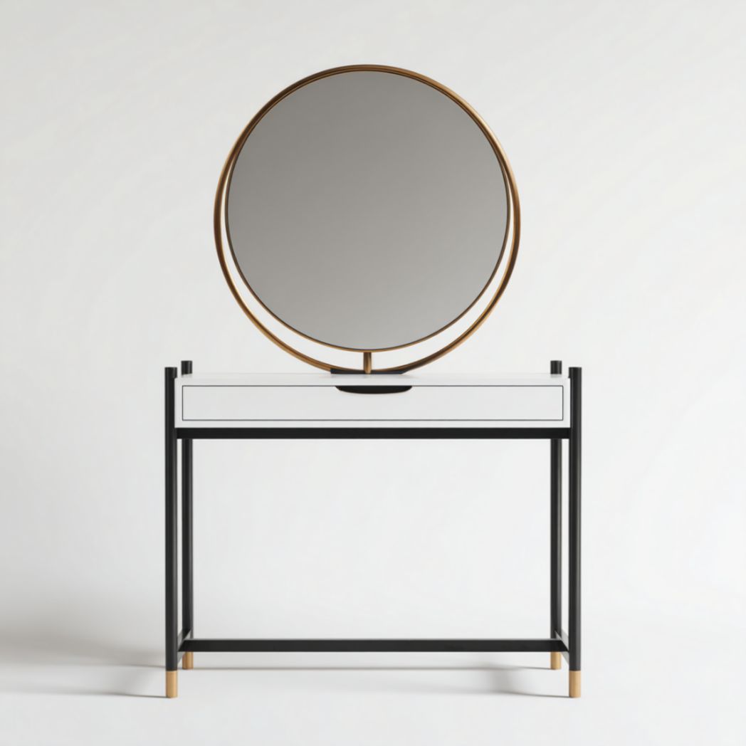 Coiffeuse console en métal noir et bois blanc avec miroir rond doré-Polo Furniture