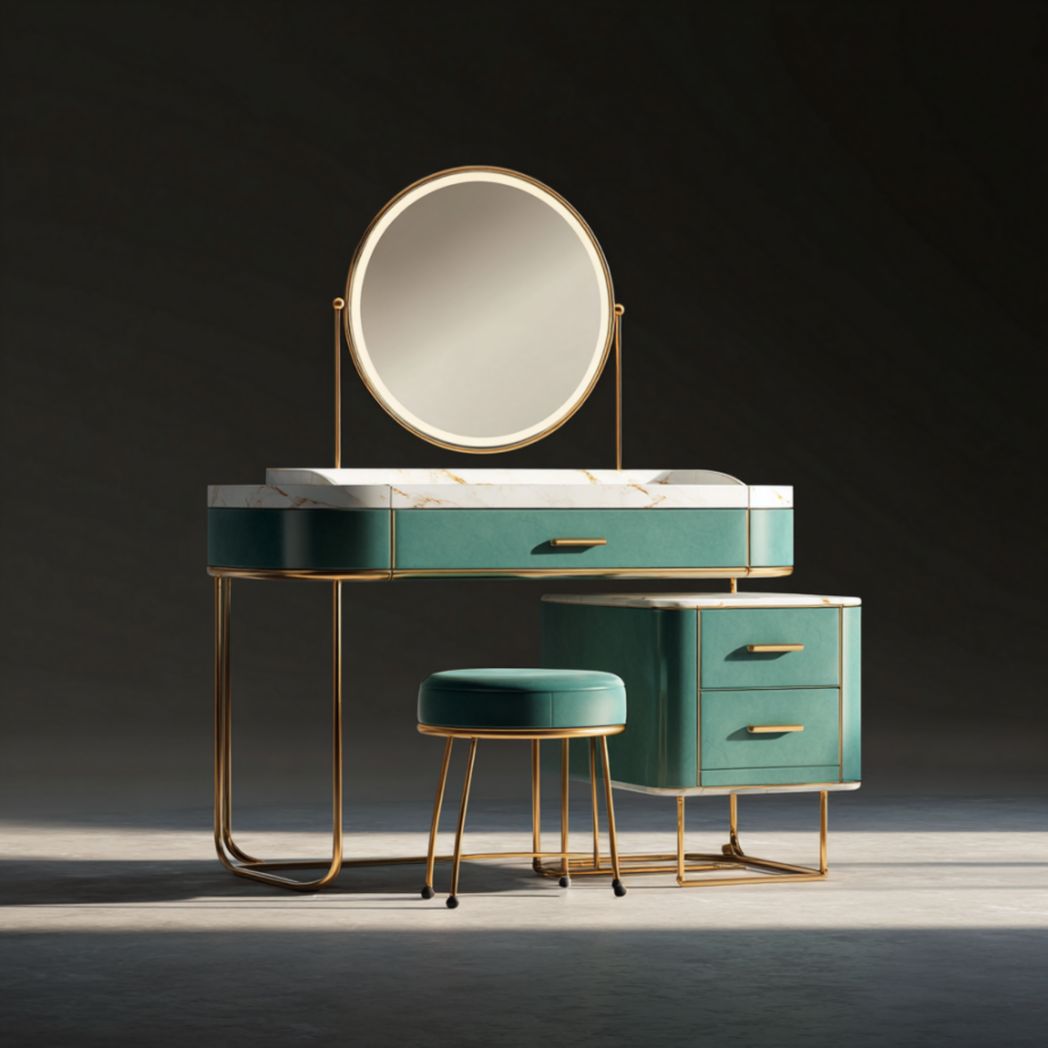 Coiffeuse rectangulaire verte avec rangements latéraux et miroir rond sur piètement métallique doré-Polo Furniture