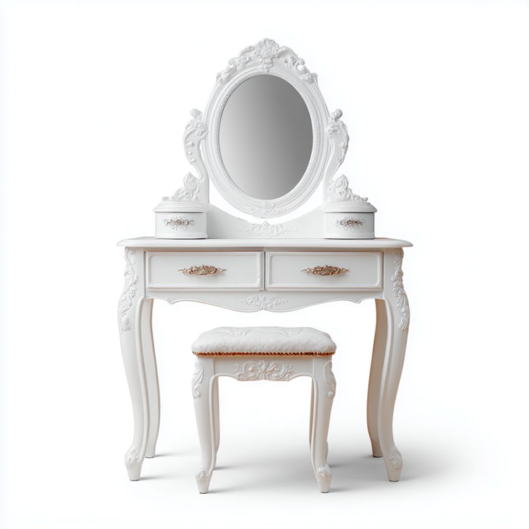 Table de maquillage blanche avec miroir ovale et tabouret-Polo Furniture