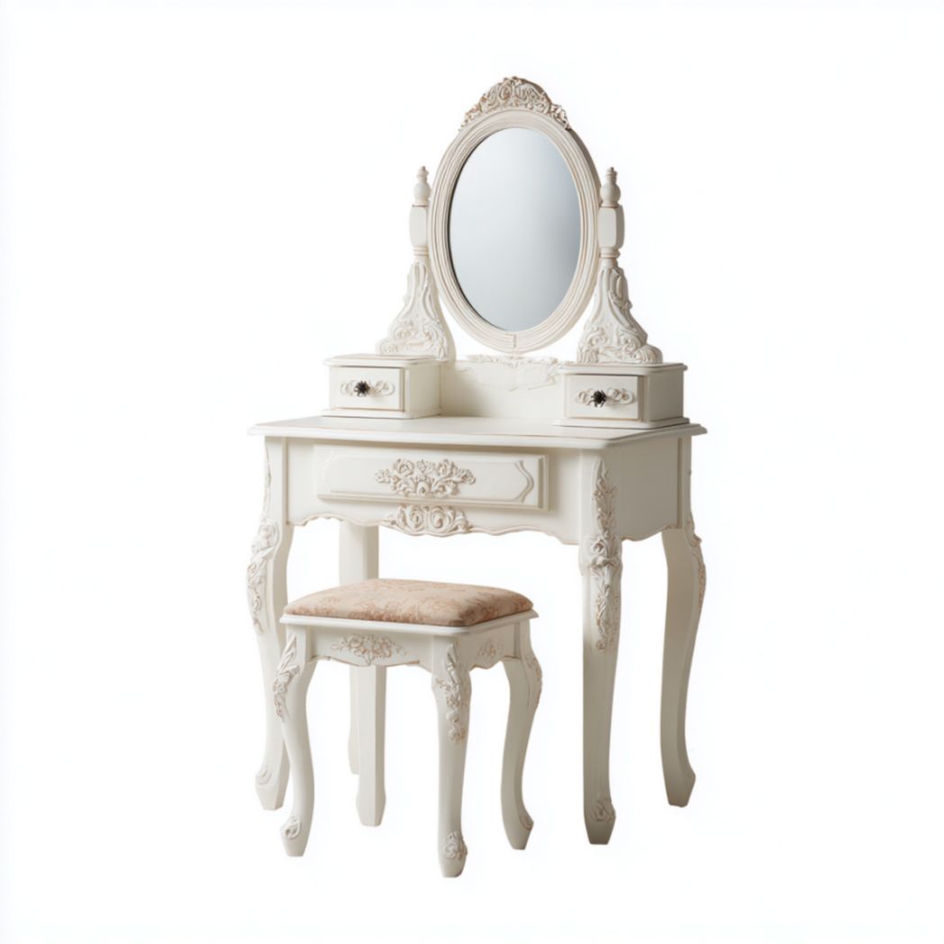 Coiffeuse blanche avec miroir rond et rangements latéraux-Polo Furniture