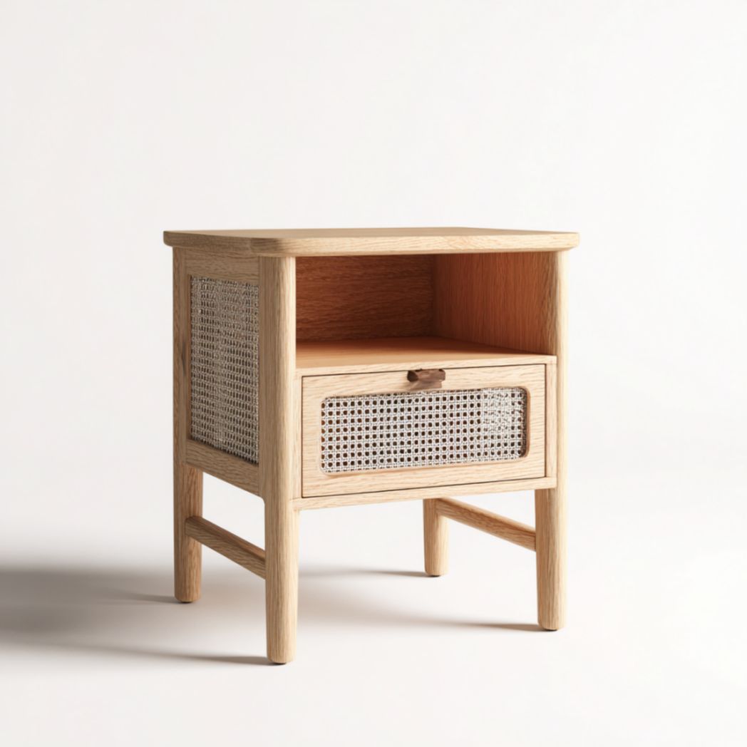 Table de chevet avec tiroir et panneaux tressés, bois clair-Polo Furniture