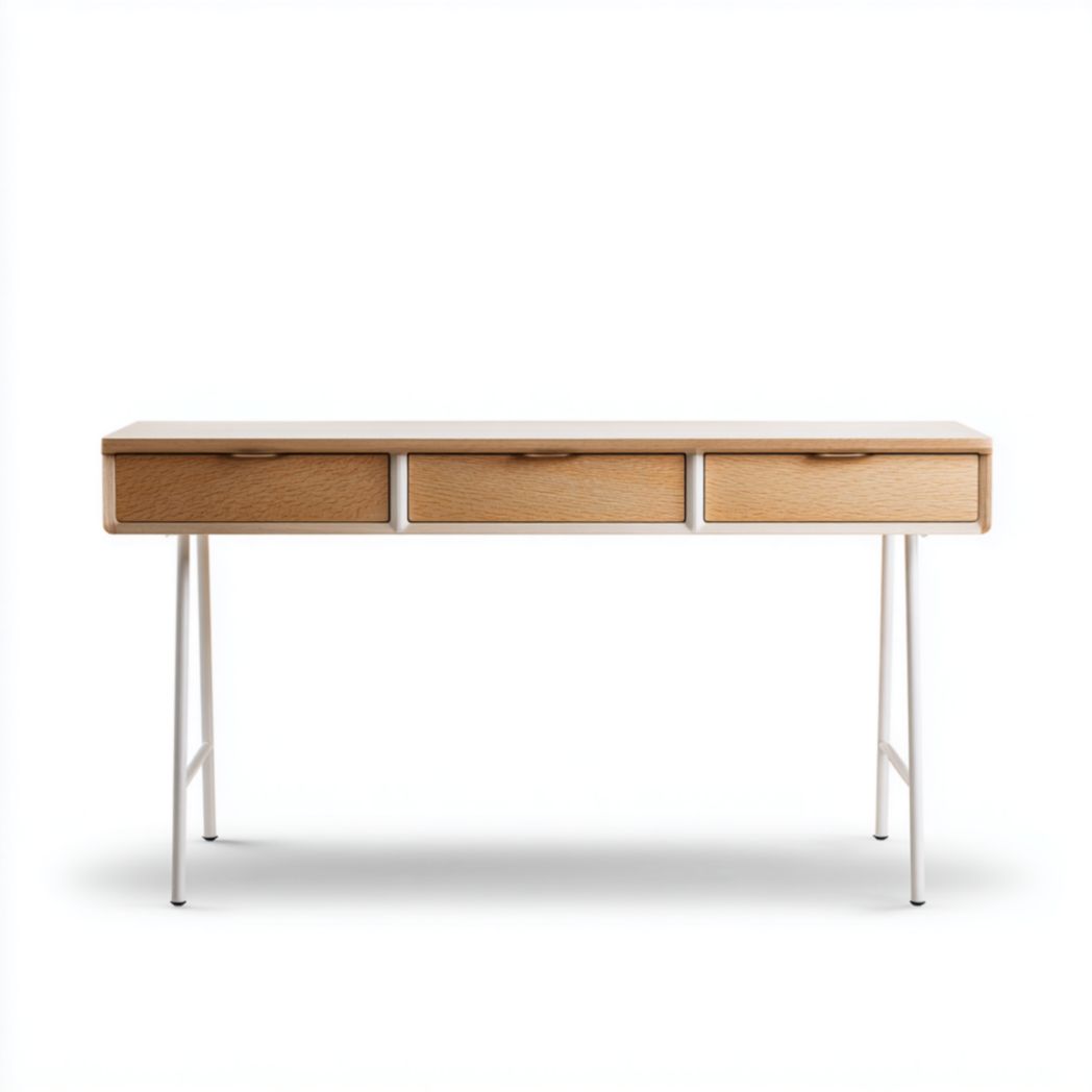 Bureau en bois clair avec trois tiroirs et pieds en métal blanc-Polo Furniture