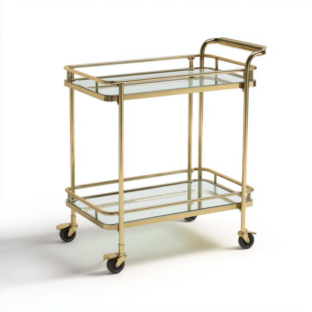 Chariot de service à 2 niveaux sur roulettes en acier finition dorée avec plateaux en verre trempé-Polo Furniture