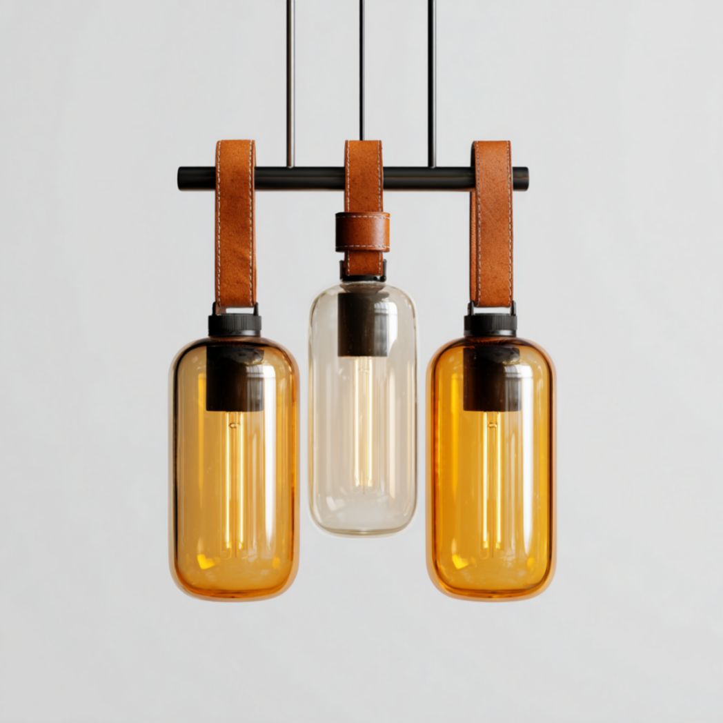 Suspension à trois abat-jour en verre coloré avec lanières en cuir et acier peint-Polo Furniture