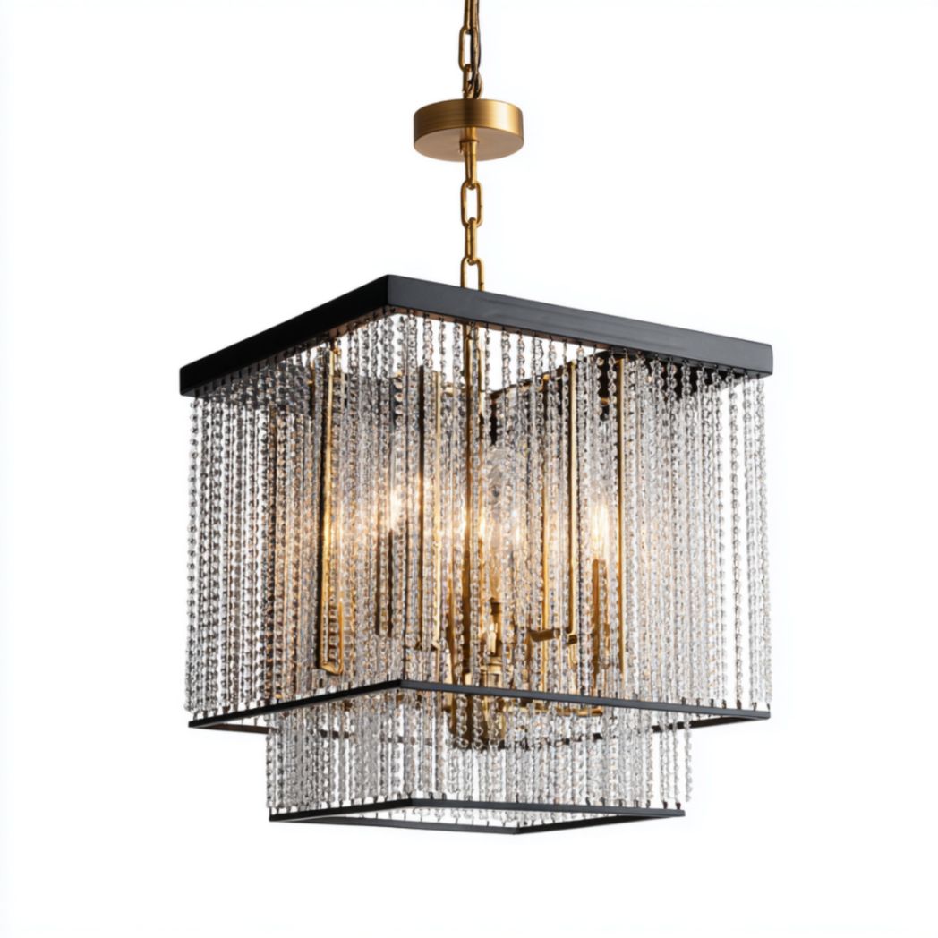 Suspension carrée à pampilles en verre et laiton-Polo Furniture