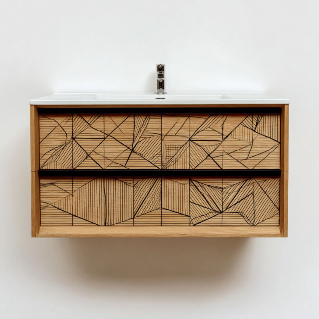 Meuble vasque suspendu imitation chêne et motifs géométriques 80 cm-Polo Furniture