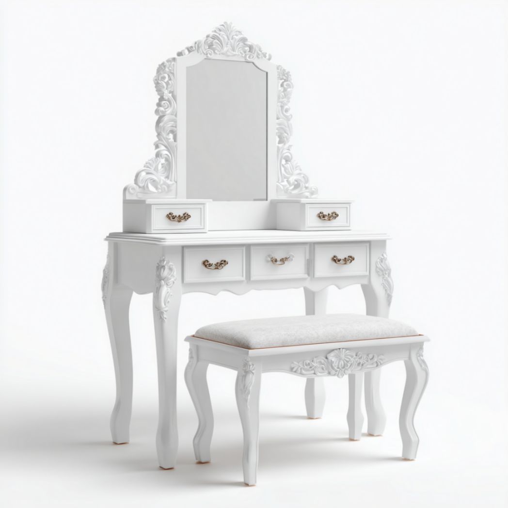 Coiffeuse blanche avec miroir lumineux rectangulaire et tabouret-Vanesa Furniture