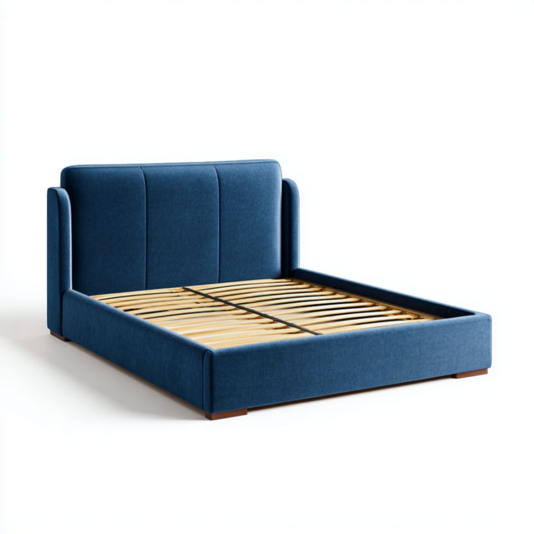 Lit double rembourré bleu tissu polyester lattes bois de pin massif-Vanesa Furniture