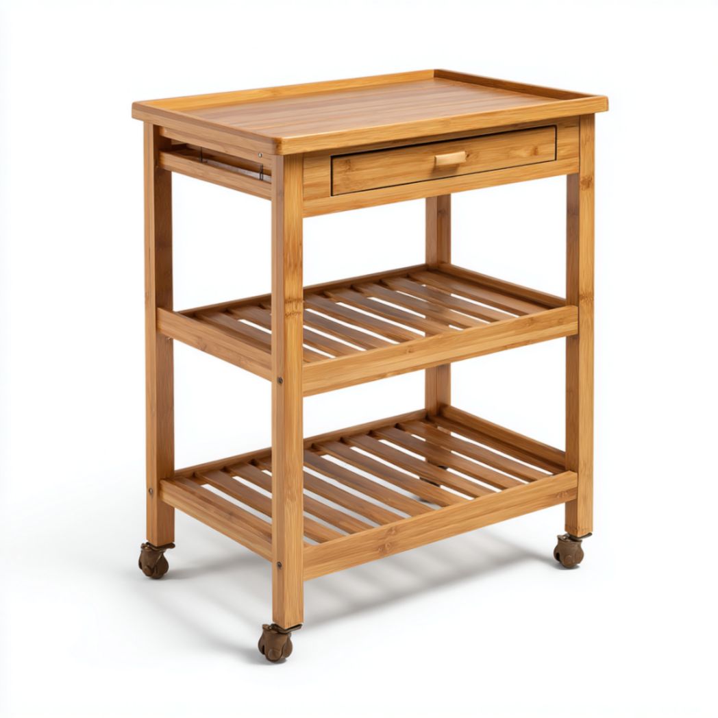 Chariot de rangement sur roulettes en bois de bambou avec 1 tiroir et 2 étagères ajourées-Vanesa Furniture