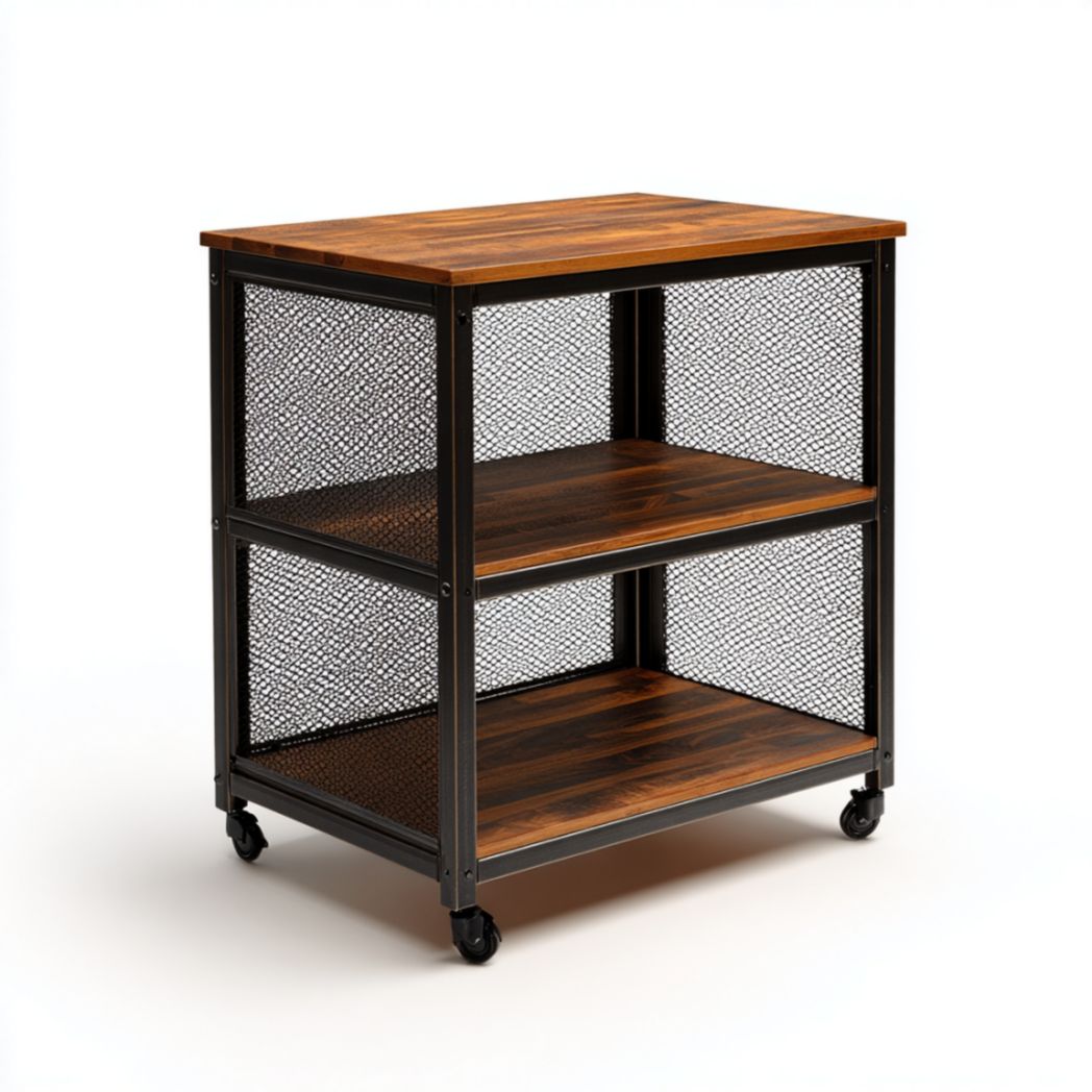 Chariot de rangement à 2 niveaux sur roulettes avec plateaux en bois massif et panneaux latéraux en acier perforé-Vanesa Furniture