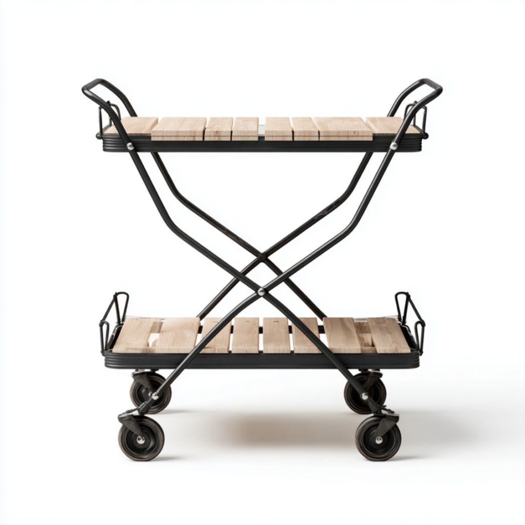 Chariot de service pliable à 2 niveaux sur roulettes en acier avec plateaux en bois de pin-Vanesa Furniture