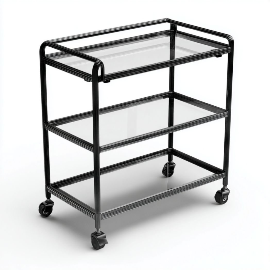 Chariot de rangement à 3 niveaux en acier noir et verre trempé-Vanesa Furniture