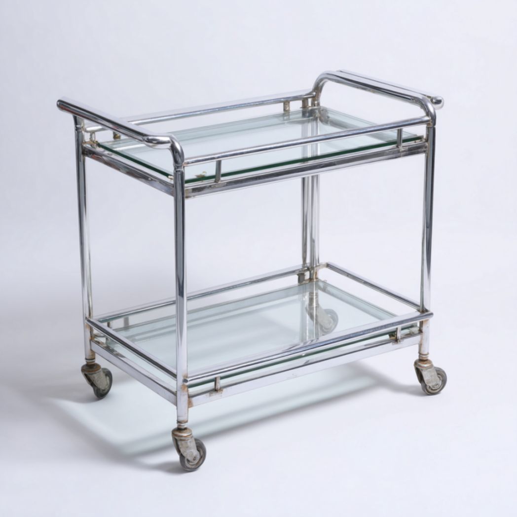 Chariot de service à deux niveaux en acier chromé et verre avec roulettes-Vanesa Furniture