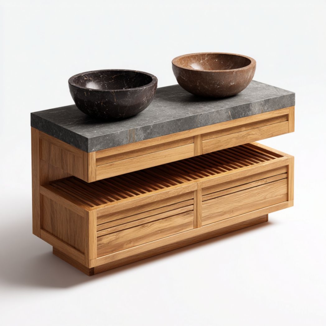 Meuble sous double vasque de salle de bain avec plan en pierre et vasques en pierre-Vanesa Furniture