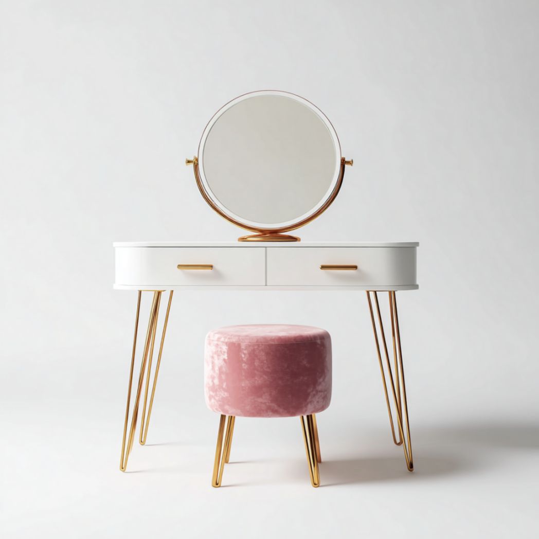 Coiffeuse avec miroir rond et tabouret, structure en panneaux pressés laqués et pieds en acier-Medallion Furniture