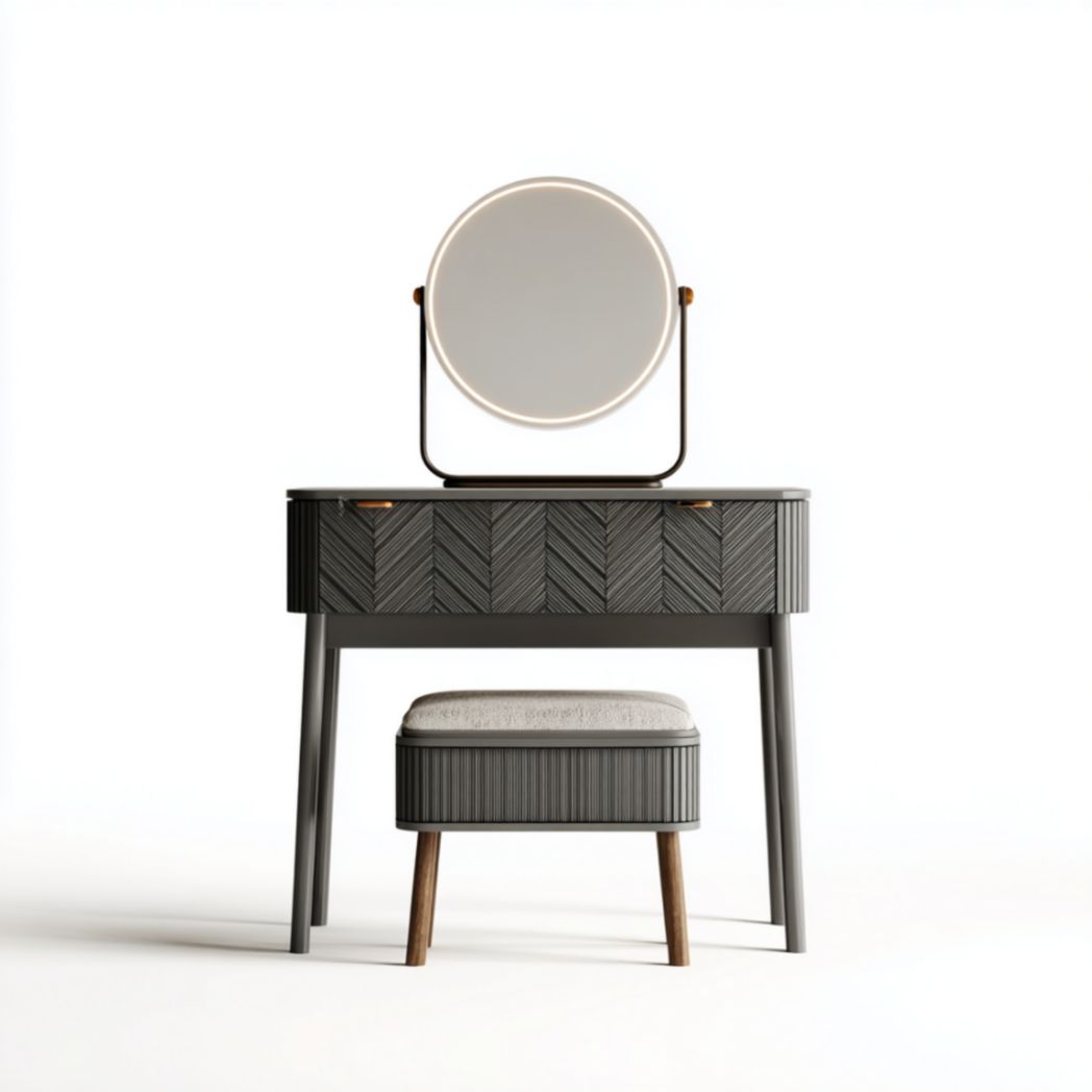 Coiffeuse avec miroir rond et tabouret, finition noir et bois-Medallion Furniture