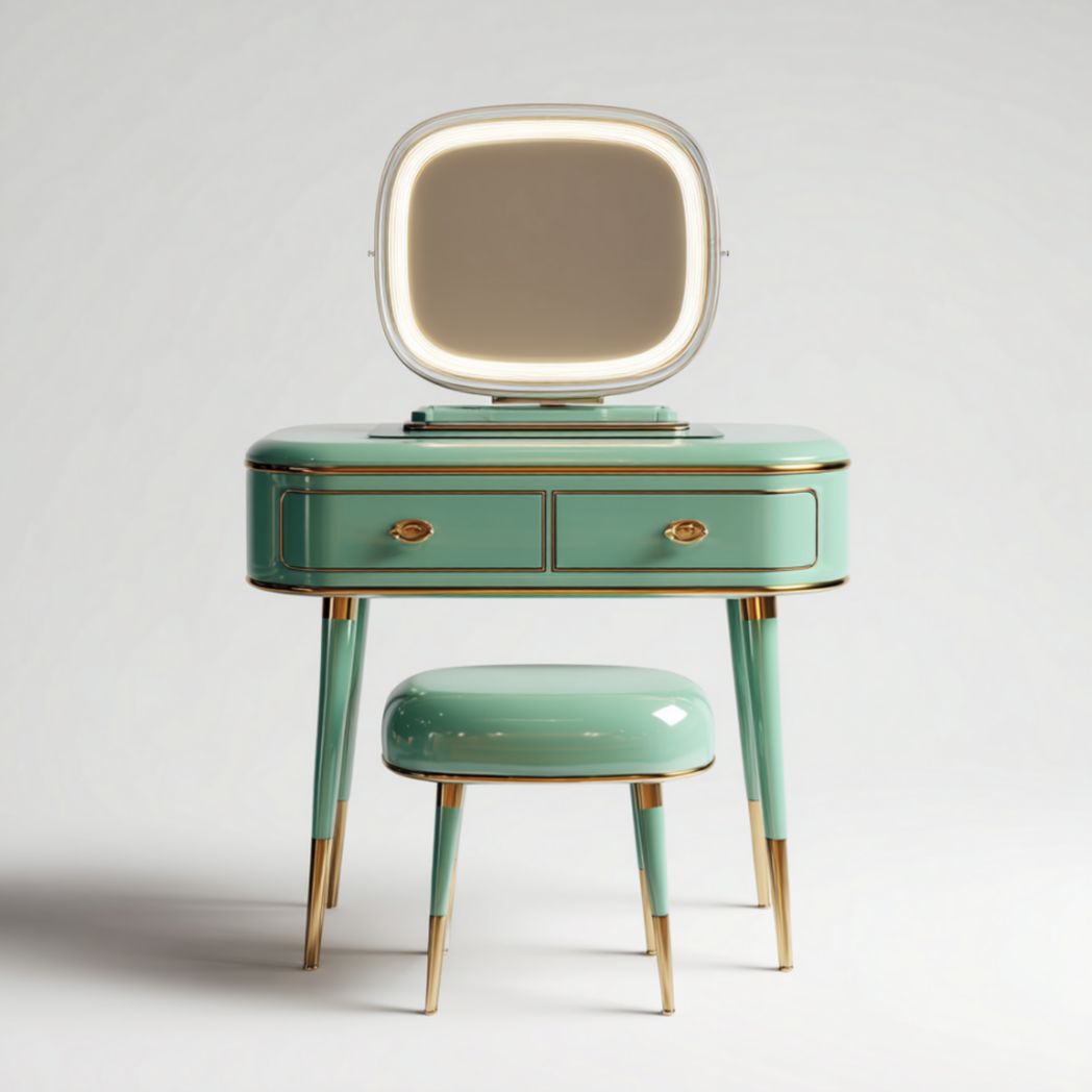 Coiffeuse avec miroir lumineux et tabouret, 2 tiroirs, vert-Medallion Furniture