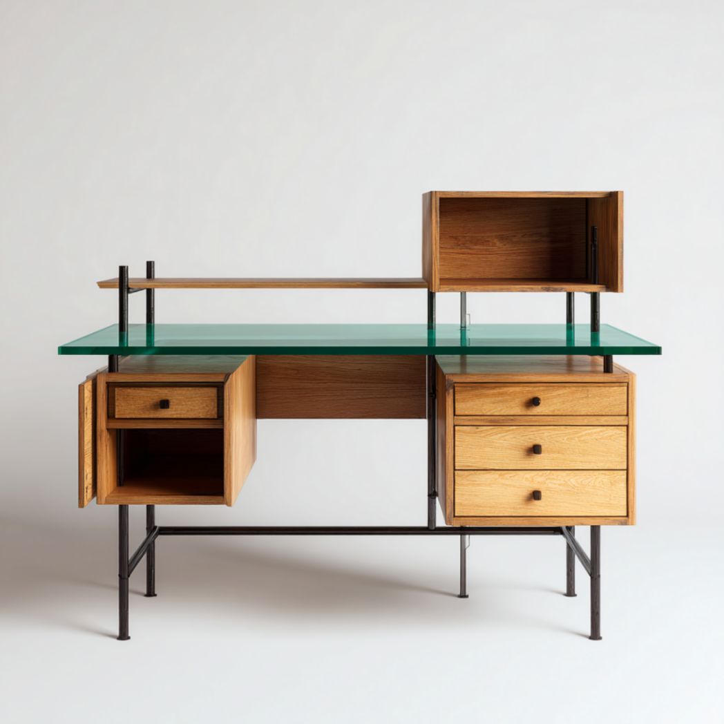 Bureau avec tiroirs en bois massif et plateau en verre trempé-Medallion Furniture