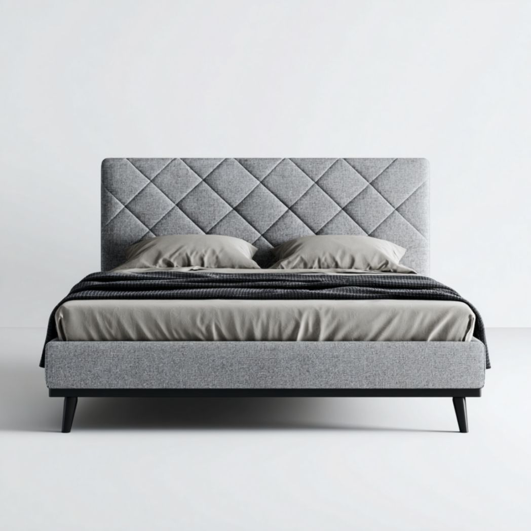 Lit double gris capitonné pieds noirs-Medallion Furniture