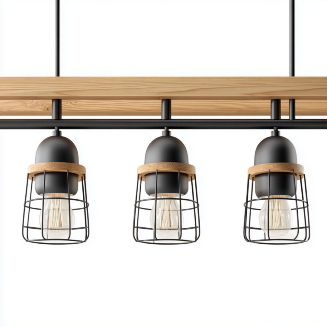 Suspension linéaire à trois points lumineux en bois massif de pin et acier peint-Medallion Furniture