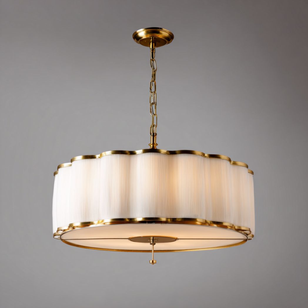 Suspension circulaire à abat-jour en textile et laiton-Medallion Furniture