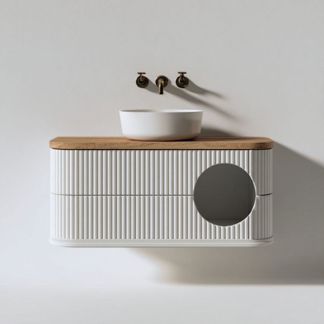 Meuble vasque suspendu blanc avec plateau imitation chêne 80 cm-Medallion Furniture