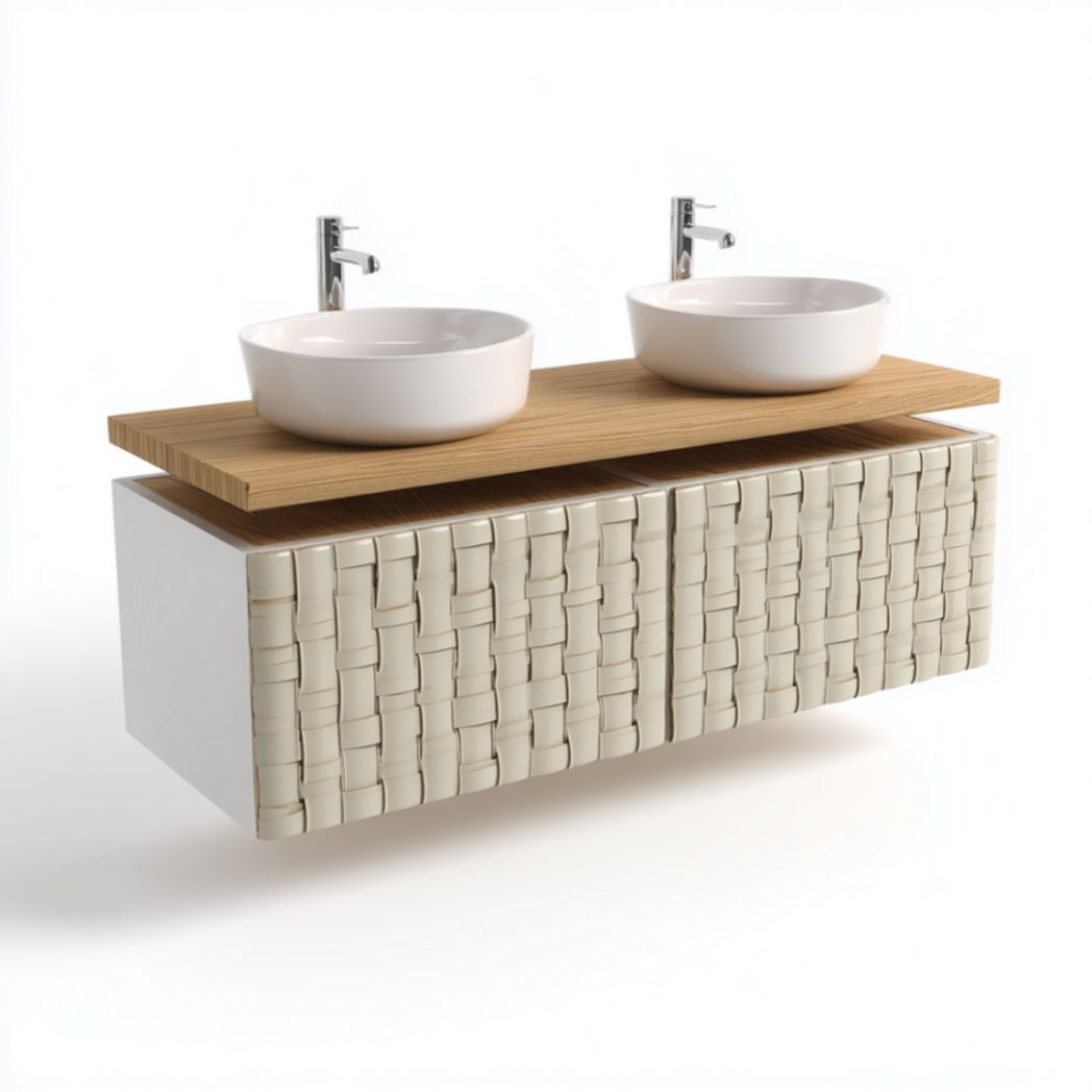 Meuble de salle de bain suspendu double vasque avec plateau en chêne massif et vasques à poser en céramique-Medallion Furniture