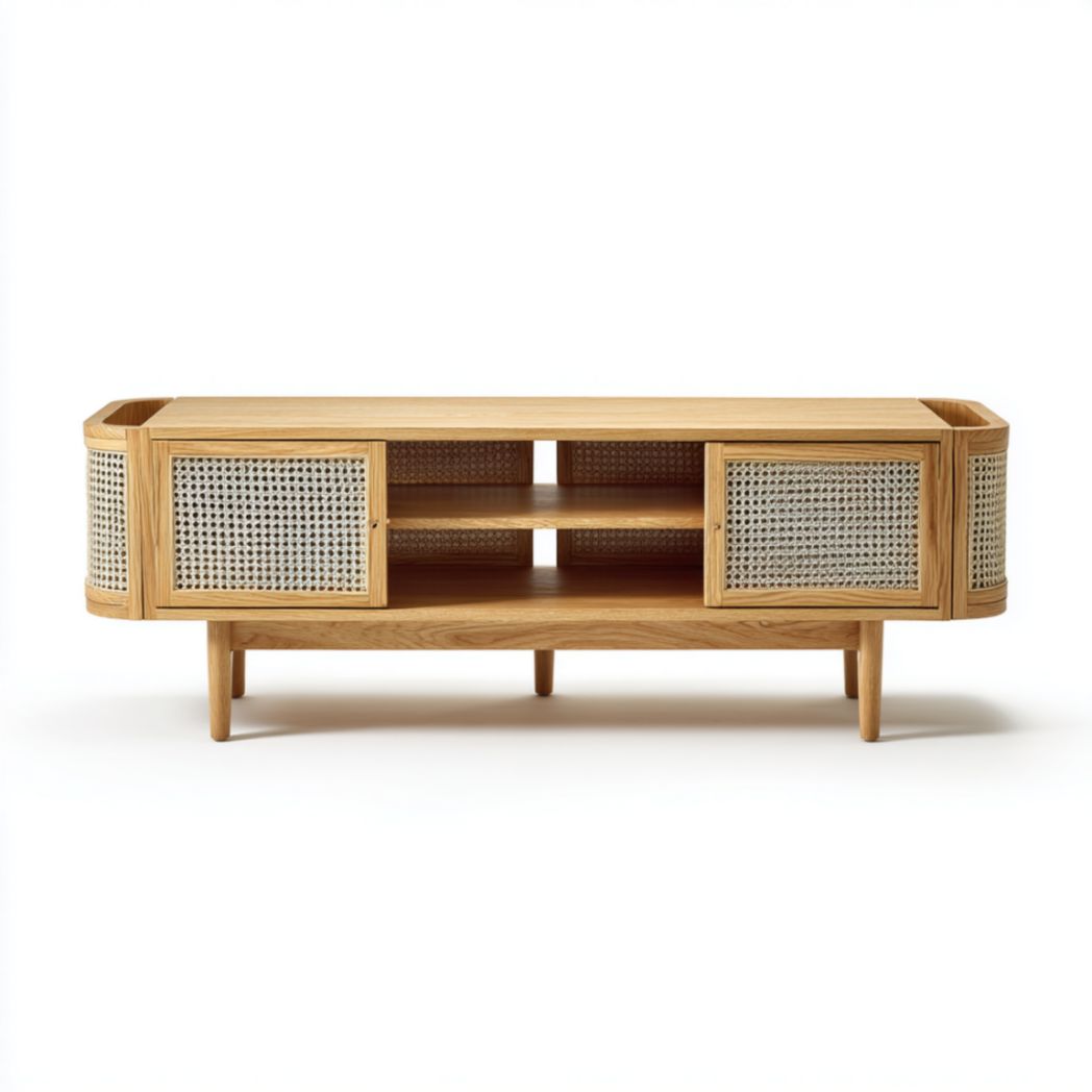 Meuble TV en bois massif avec panneaux en rotin tressé-Medallion Furniture