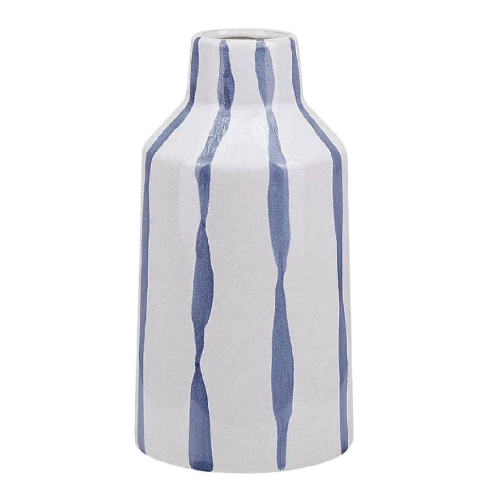 Vase Bouteille en Céramique à Rayures Bleues - Style Méditerranéen-woodanza