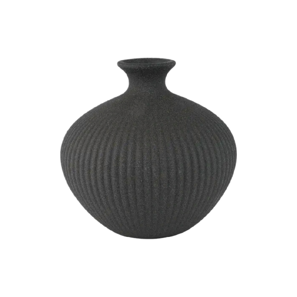 Vase Boule en Céramique Striée - Noir Anthracite Texturé-woodanza